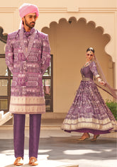 Exclusively for couple combo Purple designer outfit in pure pv silk and foil print with detailed hand mirror work